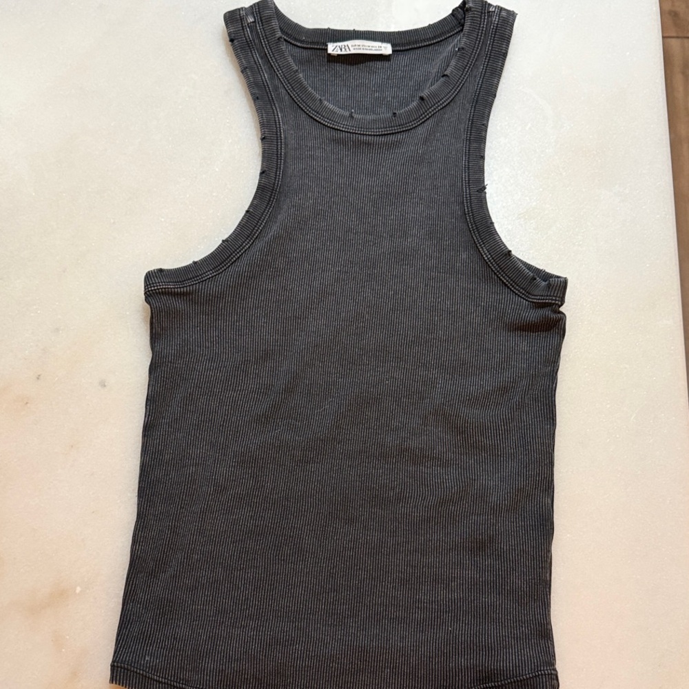 Zara Distressed Charcoal Ribbed Tank Top